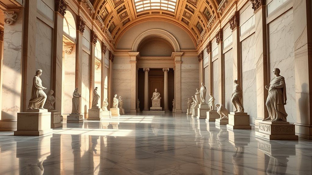 Galleria interna del Museo Archeologico Nazionale di Napoli, statue classiche su piedistalli lungo un corridoio in marmo con soffitto a volta